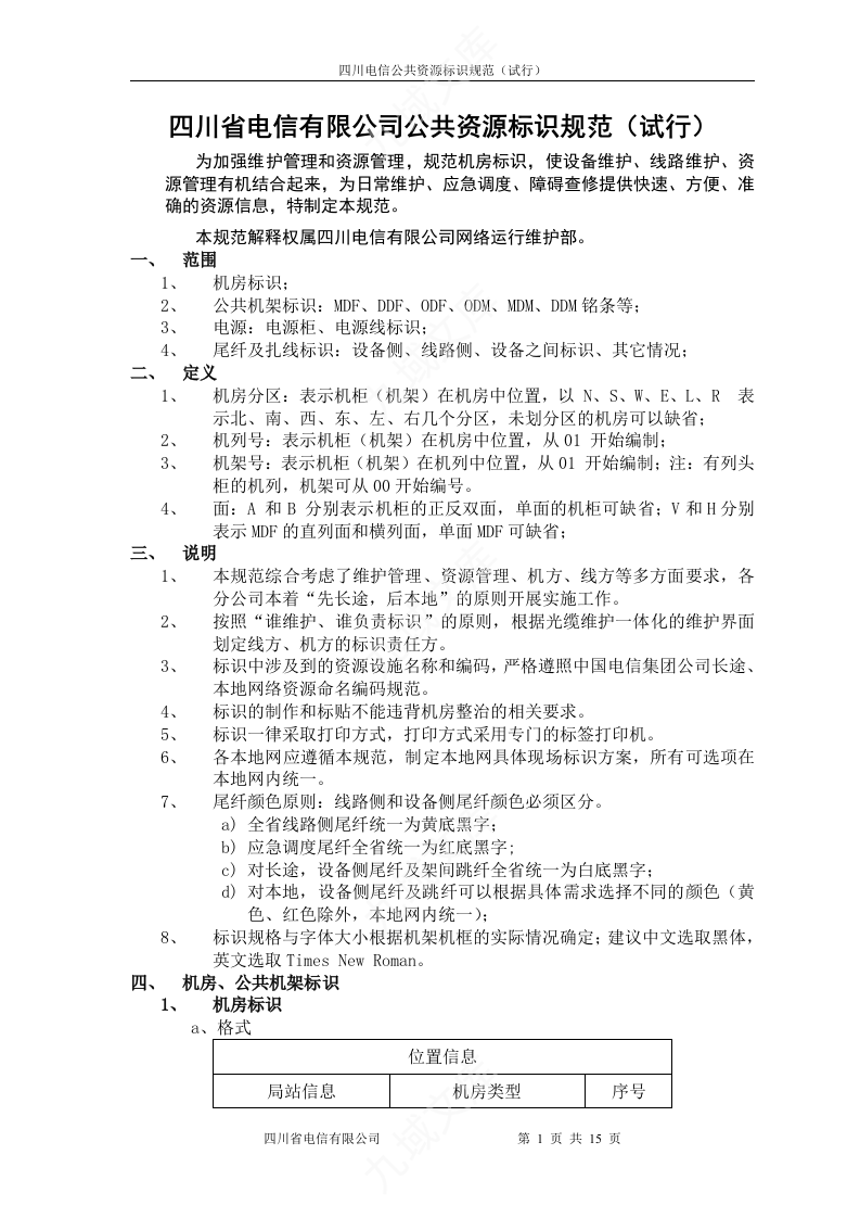 四川省电信有限公司公共资源标识规范 第1页