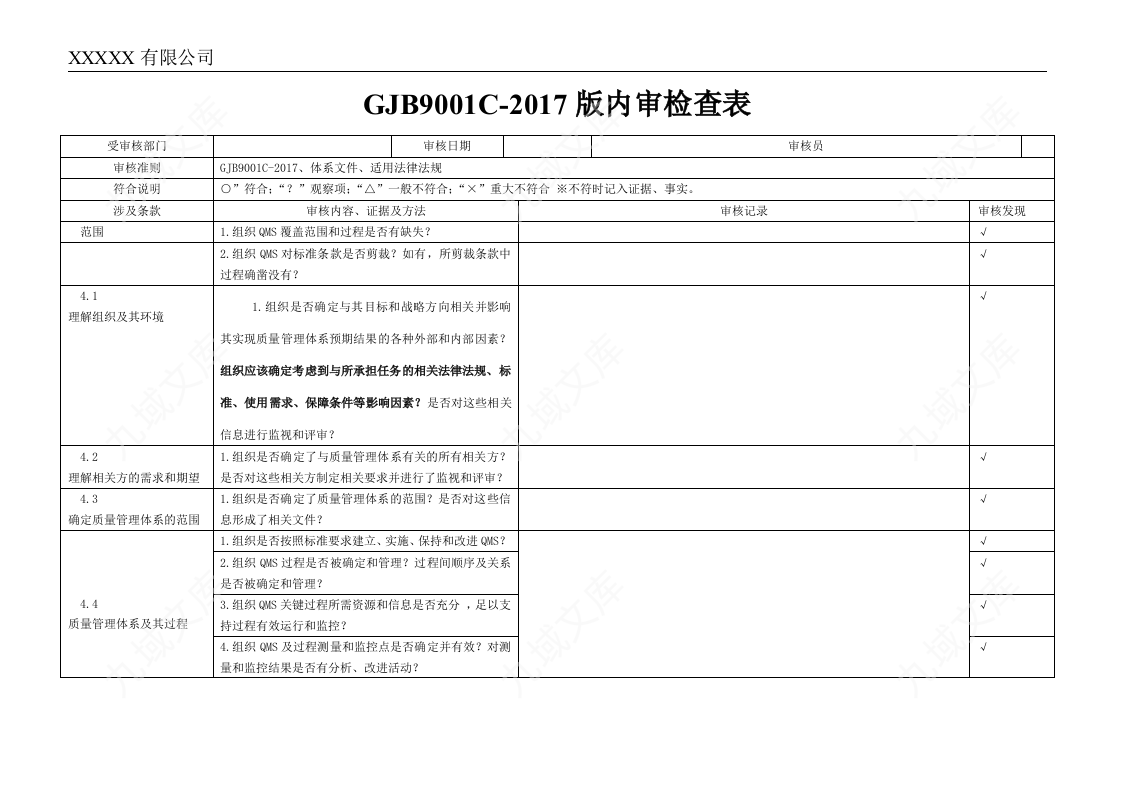 GJB9001C-2017国军标内审表模板 第1页
