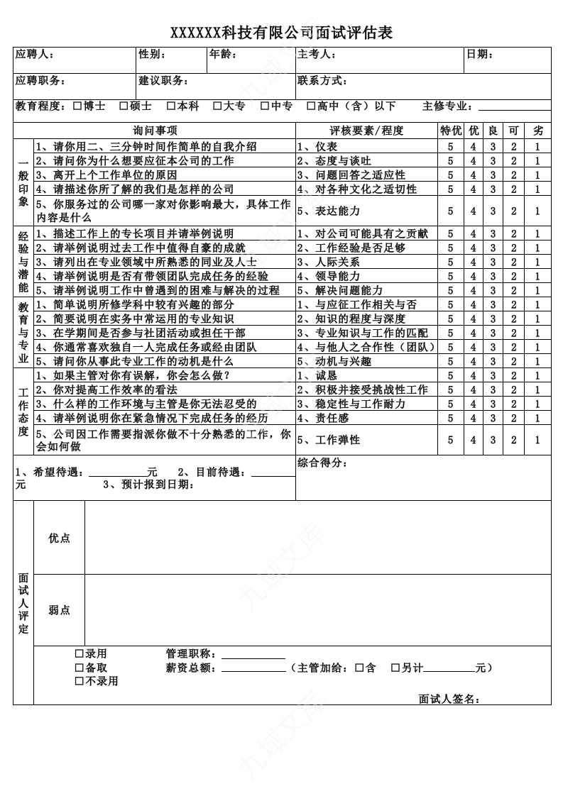 公司面试评估表 第1页