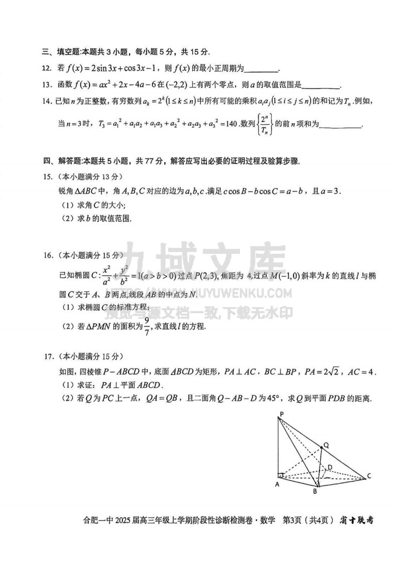 安徽省十联考合肥市第一中学等校2025届高三上学期阶段性诊断检测数学 第3页
