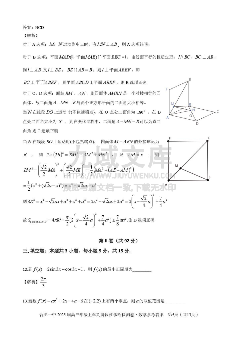 安徽省十联考合肥市第一中学等校2025届高三上学期阶段性诊断检测数学答案 第5页