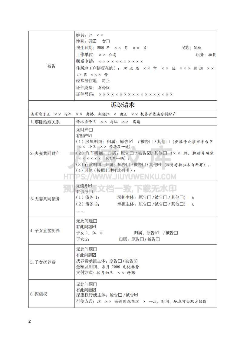 离婚纠纷民事起诉状实例 第2页