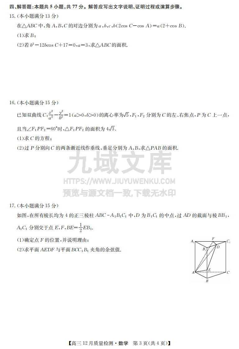 江西省部分学校联考（九师联盟）2024-2025学年高三上学期12月联考数学试题 第3页