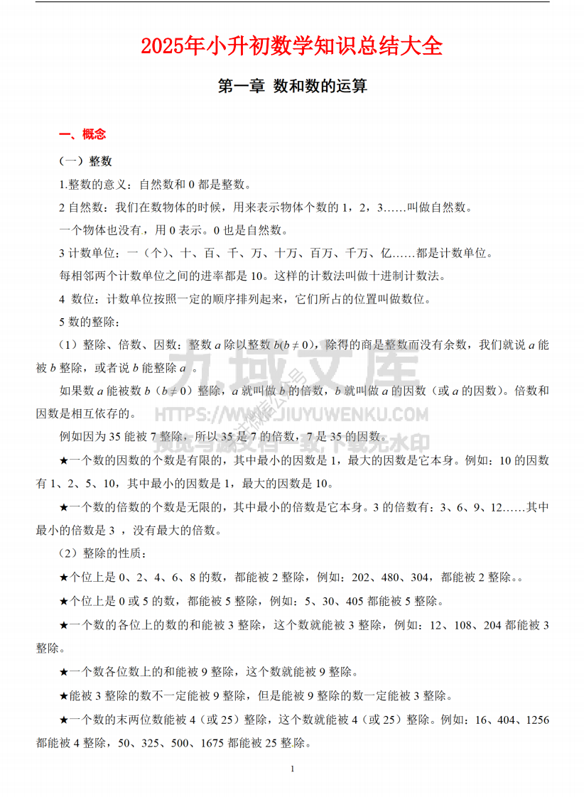 2025年小升初数学知识总结大全 第1页